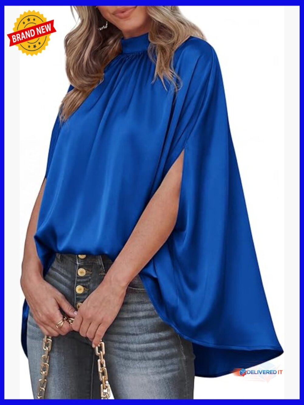 Mock Neck Batwing Sleeve Silk Satin Blouse Loose Oversized Dressy Casual